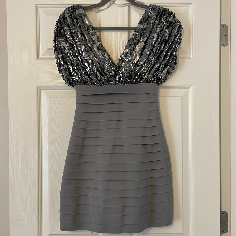 Sherri Hill Gun Metal Gray/Silver Bandage Cocktail